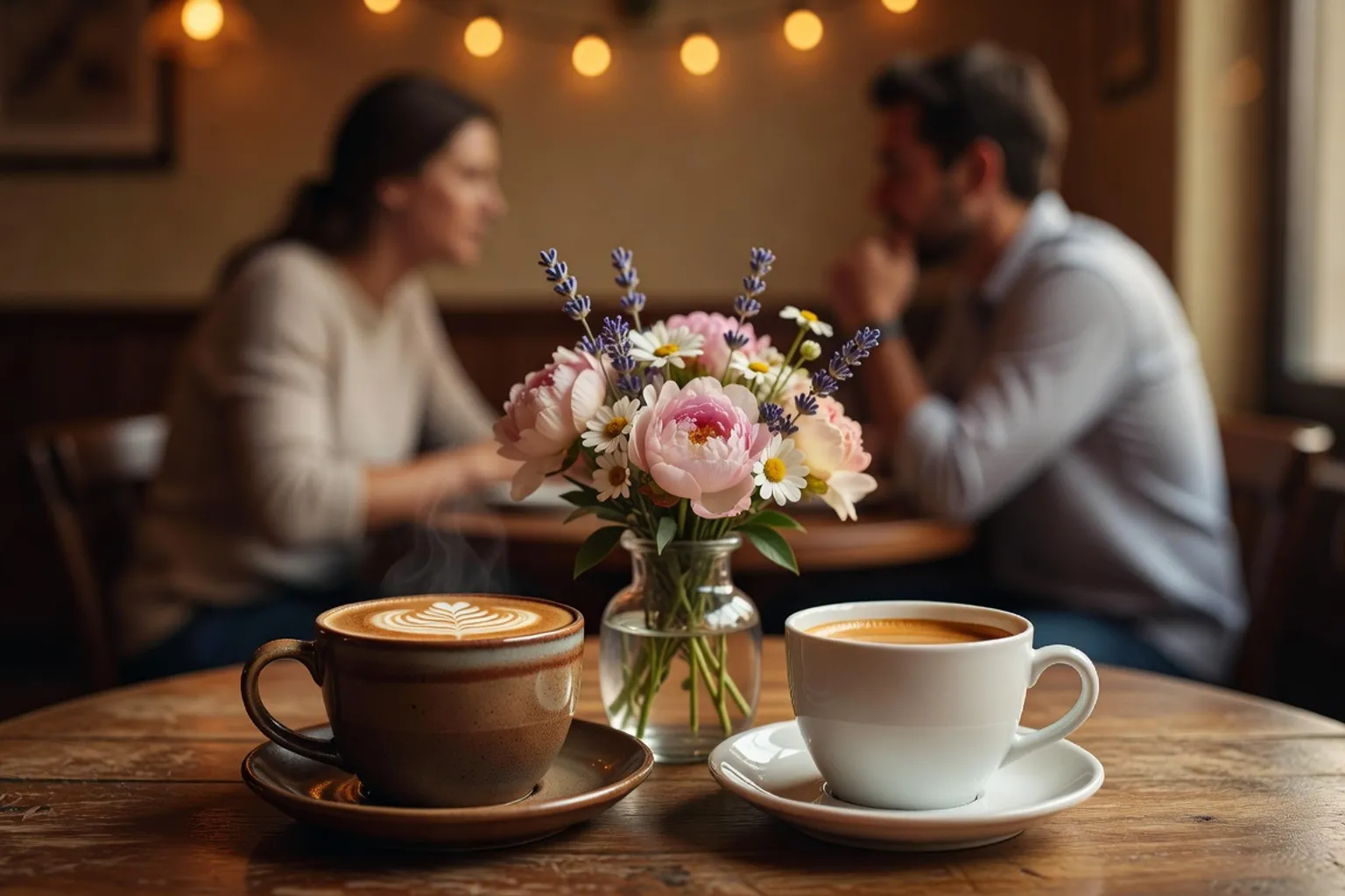 Conversation animee entre deux jeunes personnes autour d'un cafe